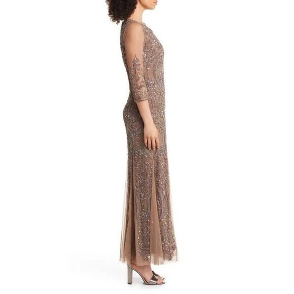 NWT PISARRO NIGHTS $268 Mocha Sequin Illusion Mesh 3/4 Sleeve Gown Size 14 - Picture 3 of 11